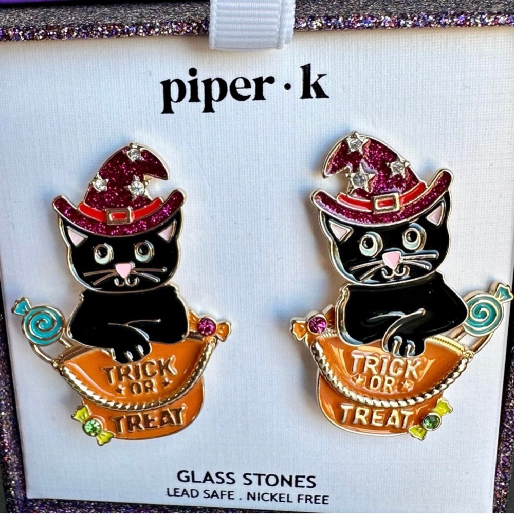Piper K Halloween Cat in Candy Bucket Earrings